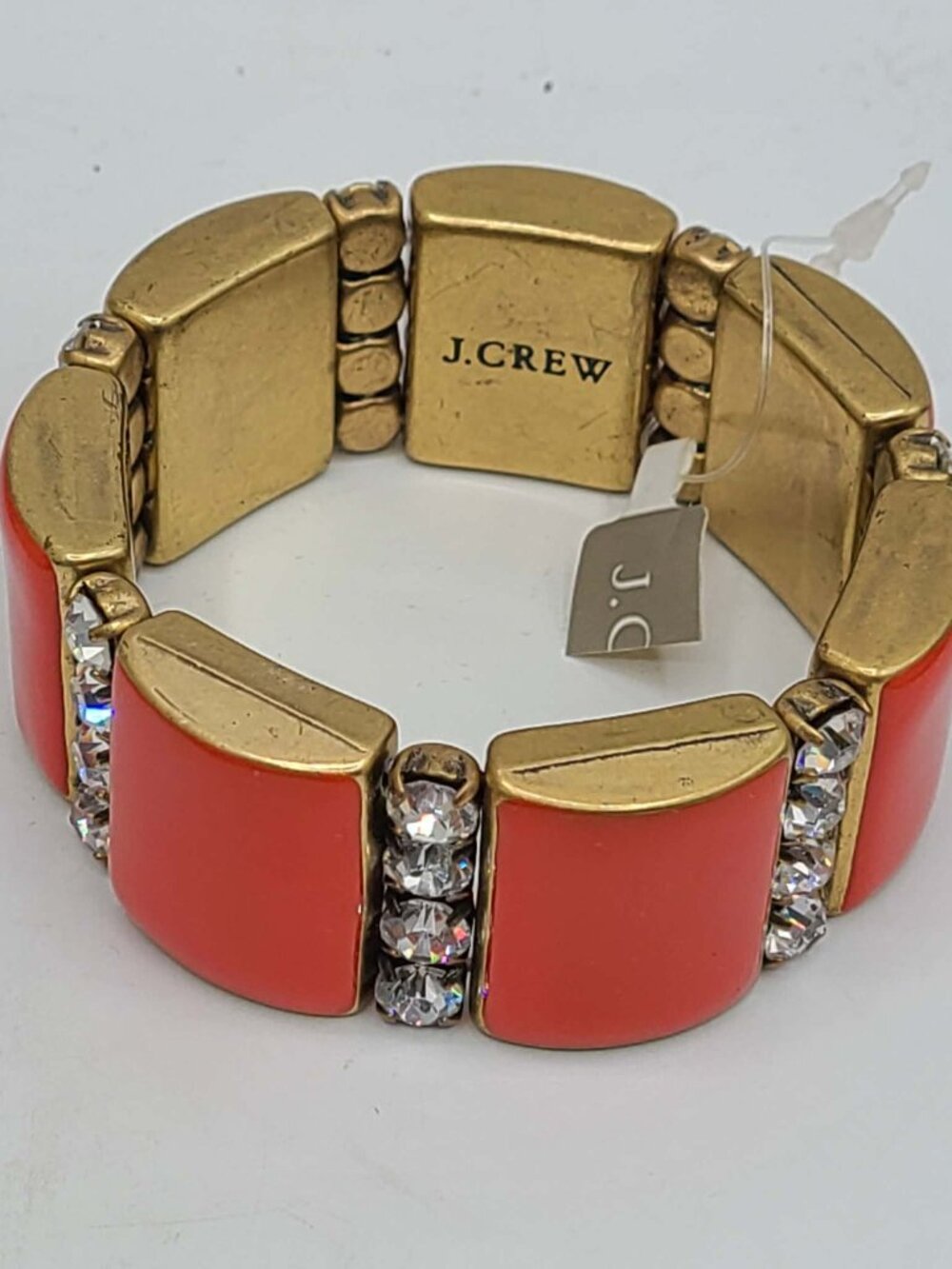 J Crew Red Enamel gold Tone Stretch Bracelet with Clear Crystals NWT
